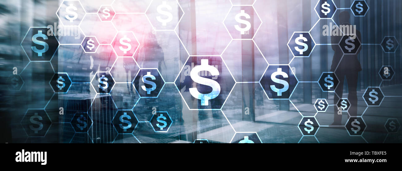 Icone di dollari, denaro la struttura di rete. ICO, commercio e investimenti. Crowdfunding. Foto Stock