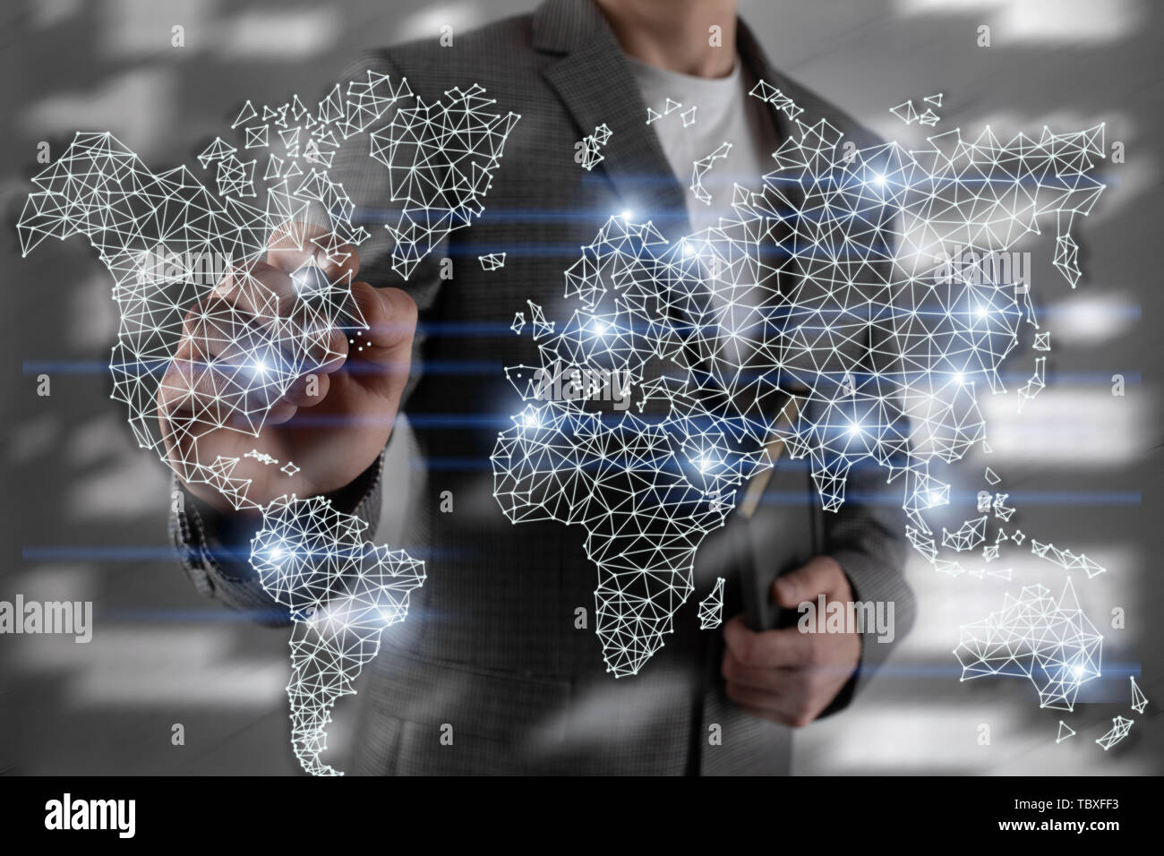 Mondo Globale Mappa doppia rete di esposizione. Telecomunicazioni, International Business Internet e tecnologia concetto. Foto Stock