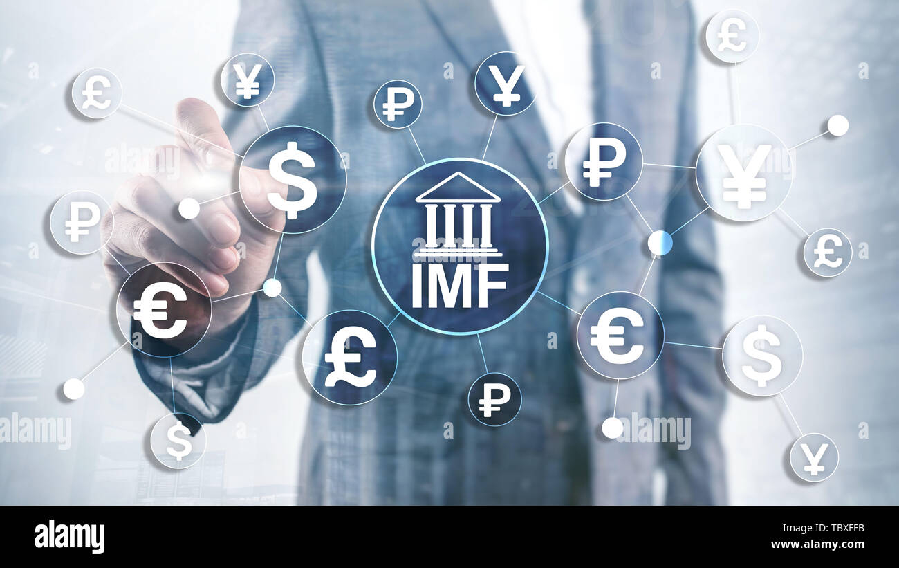 Fmi fondo monetario internazionale banca mondiale organizzazione. Il concetto di business su sfondo sfocato. Foto Stock