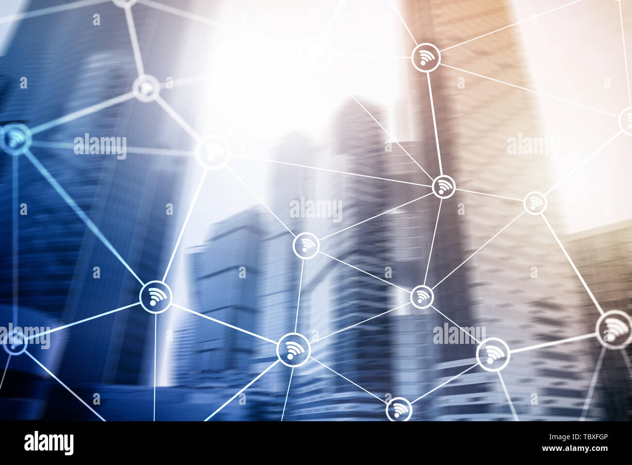 Rete Wifi sul business sfocata sullo sfondo al centro. Foto Stock