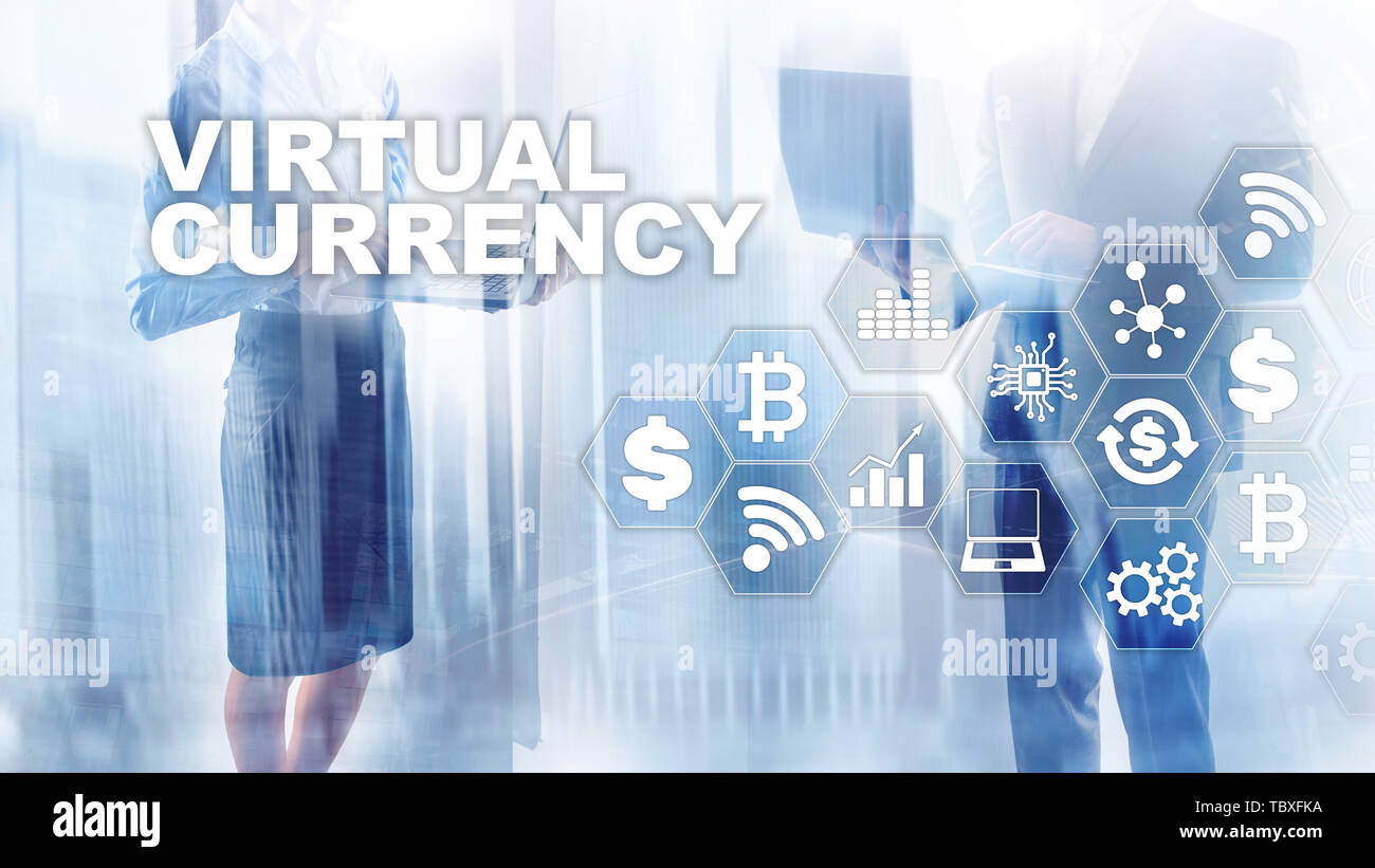 Moneta virtuale Exchange, il concetto di investimento. Simboli di valuta su uno schermo virtuale. La tecnologia finanziaria dello sfondo. Foto Stock