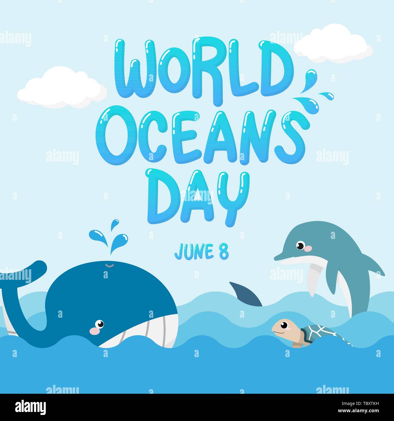 La balena , Dolphin , lo squalo e il Turtle nell'oceano con testo gli oceani del mondo giorno. vettore di vita marina per la celebrazione dedicata per aiutare a proteggere e conseguen Illustrazione Vettoriale