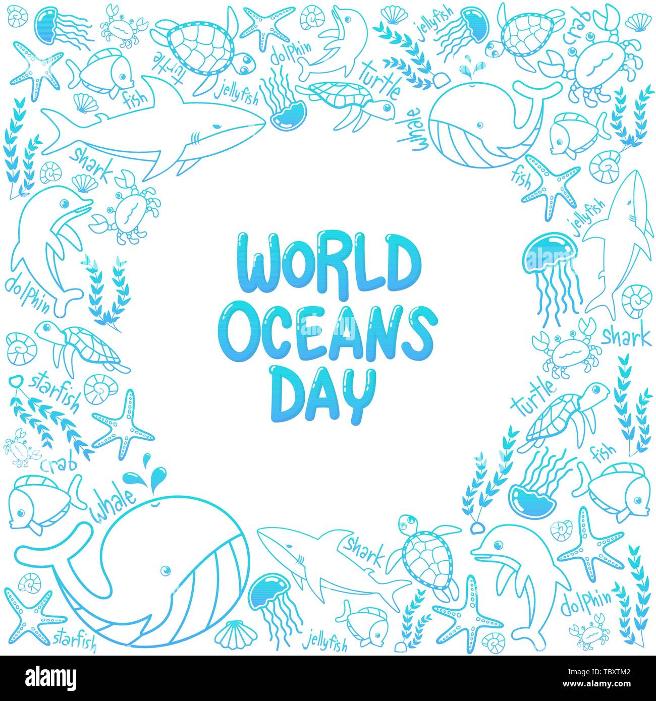 Gli oceani del mondo giorno. Delineare il vettore di vita marina nell'oceano con doodle stile per celebrazione dedicata per proteggere e conservare gli oceani del mondo, w Illustrazione Vettoriale