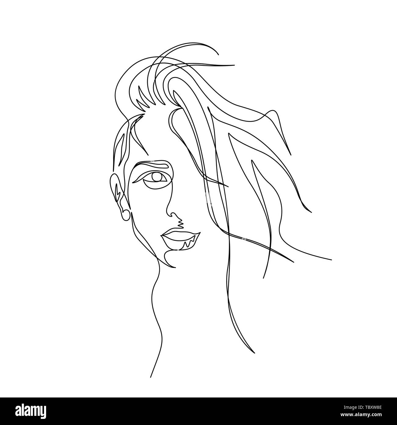 Continua linea di un ritratto di donna con bellissimi capelli lunghi. Arte Illustrazione Vettoriale