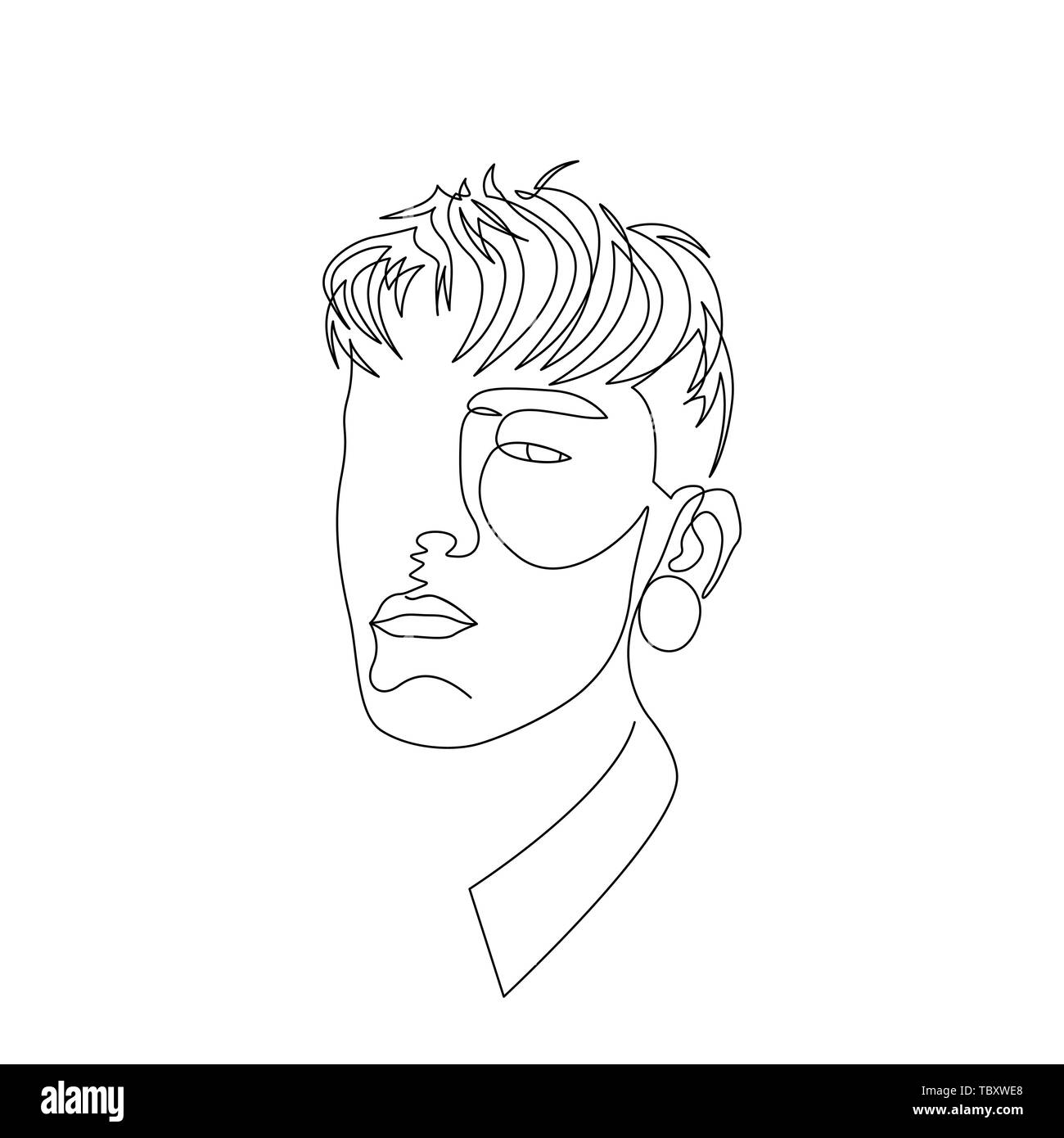 Una continua linea viso uomo witj i tappi nelle orecchie. Arte Illustrazione Vettoriale