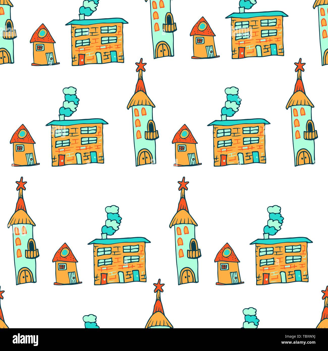 Disegnata a mano case in stile doodle.Seamless pattern per bambini tessile tessuto o design.illustrazione colorata. Illustrazione Vettoriale