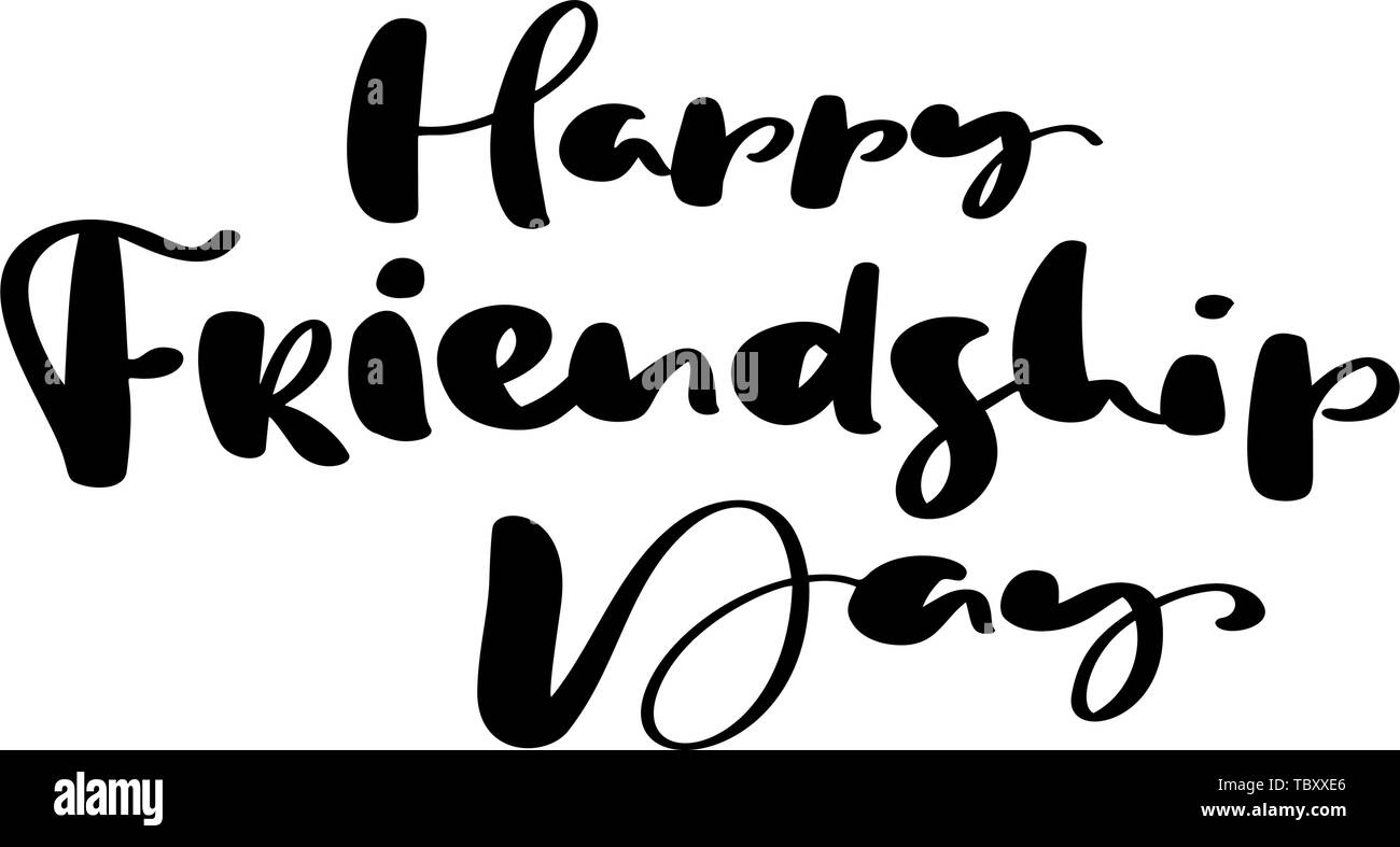 Testo vettoriale Happy Friendship Day. Illustrazione di lettere sugli amici. Calligrafia moderna frase disegnata a mano per biglietto di auguri Illustrazione Vettoriale