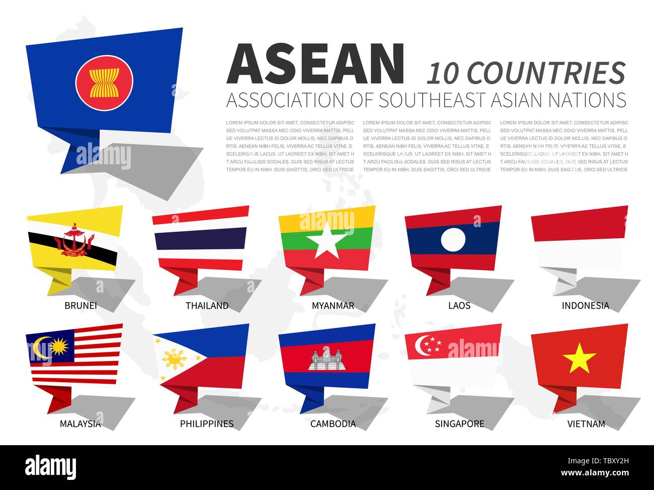 Bandiera dell'ASEAN e l'appartenenza a sud-est asiatico lo sfondo della mappa . Fumetti design . Vettore Illustrazione Vettoriale