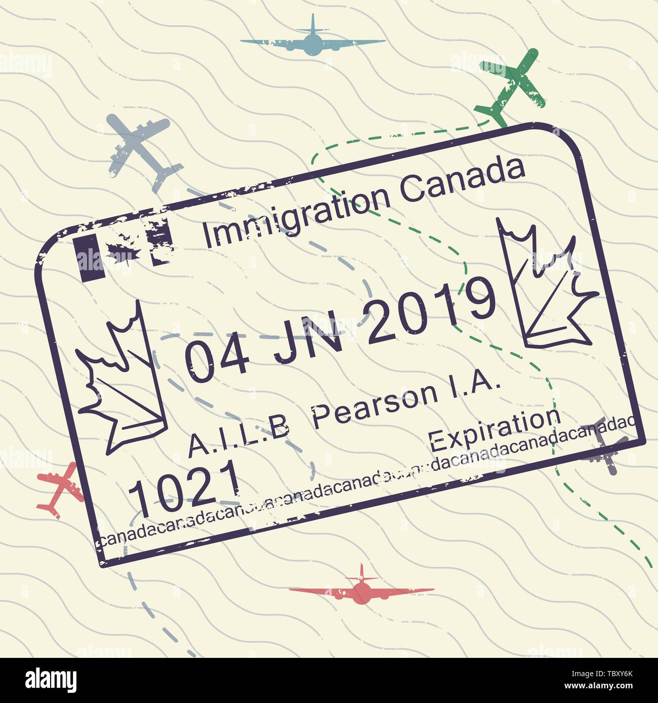 International Travel visa timbro apposto sul passaporto icona per entrare in Canada Illustrazione Vettoriale