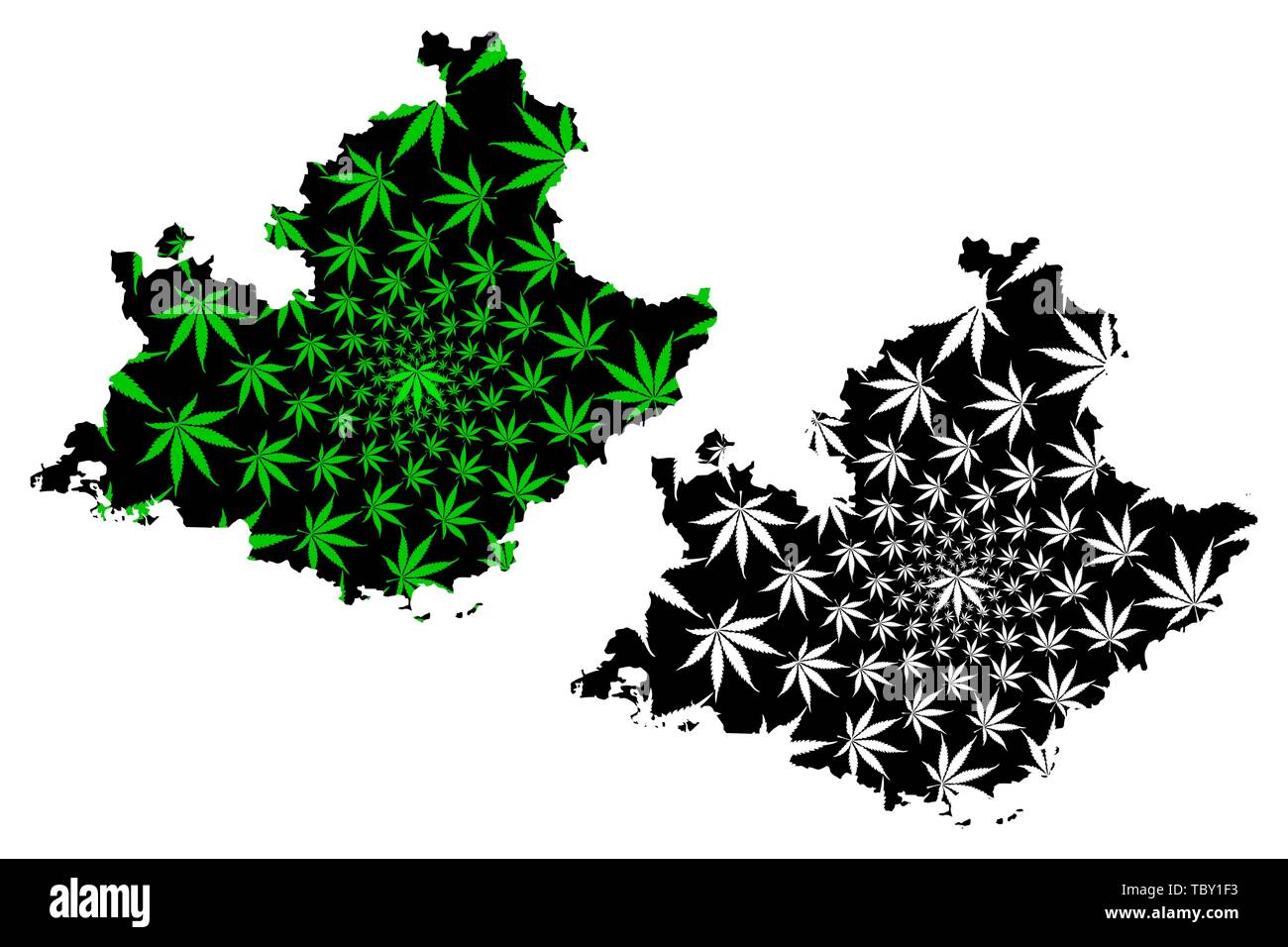 Provenza-alpi-Costa Azzurra (Francia, regione amministrativa, PACA) mappa è progettato Cannabis leaf verde e nero, Provence-Alpes-Côte d'Azur mappa fatta di Illustrazione Vettoriale