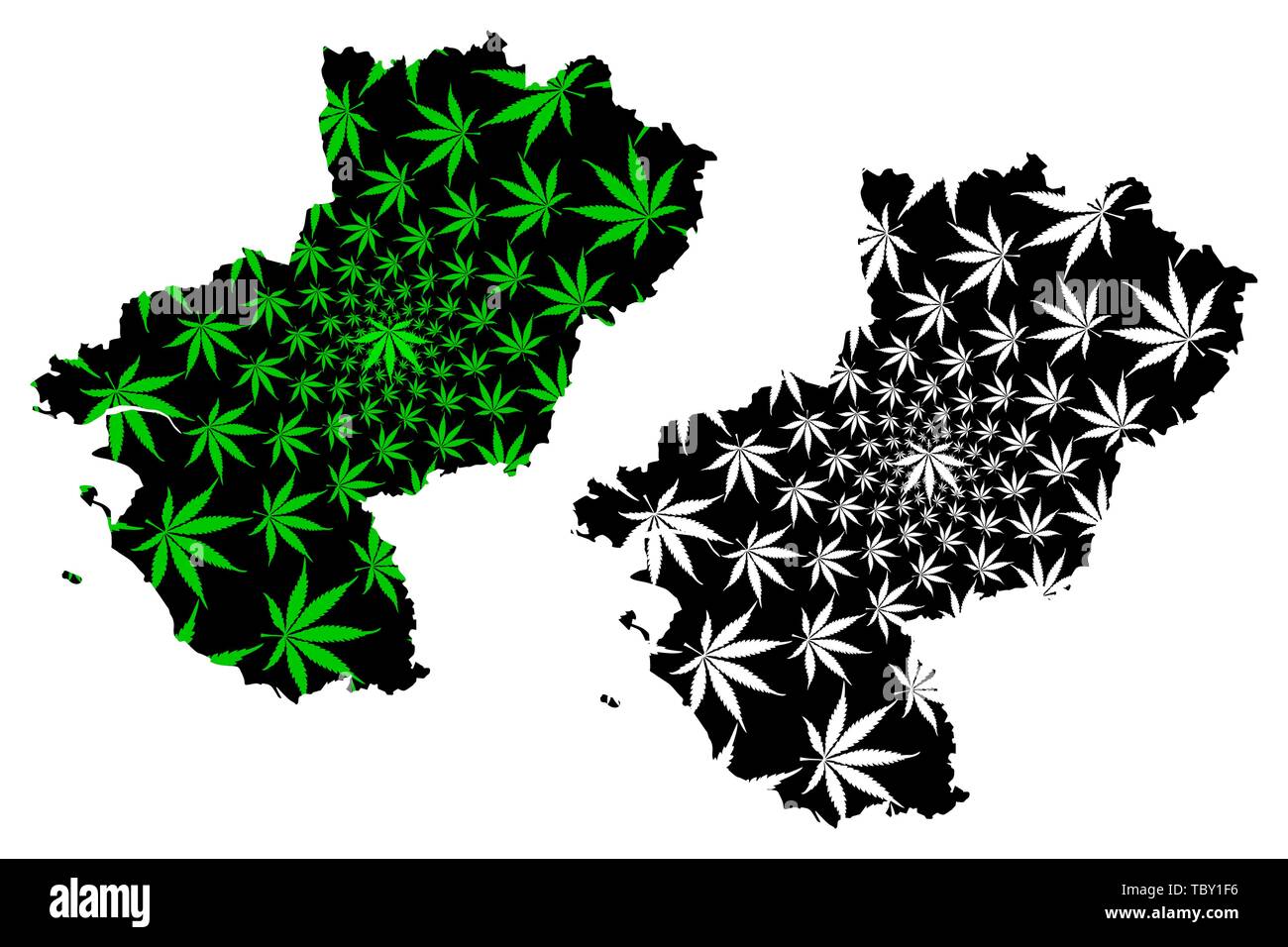 Pays de la Loire (Francia, regione amministrativa, Paese della Loira) mappa è progettato Cannabis leaf verde e nero, Pays de la Loire mappa fatta di marijuana Illustrazione Vettoriale