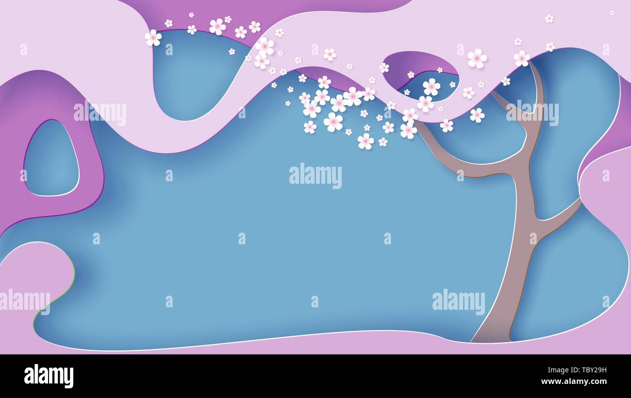 Ciao primavera card. Alberi stilizzati con fiori su sfondo d'onda. Carta vettoriale illustrazione design Illustrazione Vettoriale