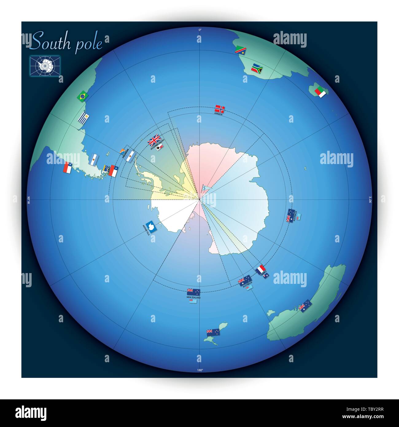 Polo sud mappa globale con bandiere nazionali, illustrazione vettoriale Illustrazione Vettoriale