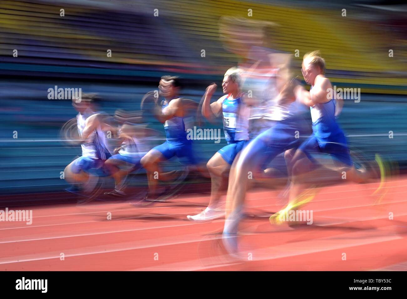 Praga, Repubblica Ceca. Il 3 giugno, 2019. Uomini 100m al Josef Odlozil Memorial atletica riunione Classic Premium EA a Praga nella Repubblica Ceca. Il Josef Odlozil Memorial è un annuale via e il campo incontro che si tiene nel mese di giugno a Stadion Juliska in Praga. Credito: Slavek Ruta/ZUMA filo/Alamy Live News Foto Stock