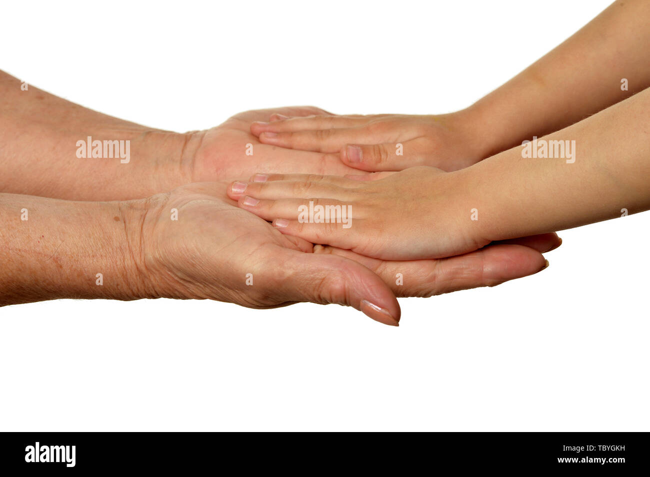 Nonne mani con bambina mani isolati su sfondo bianco Foto Stock