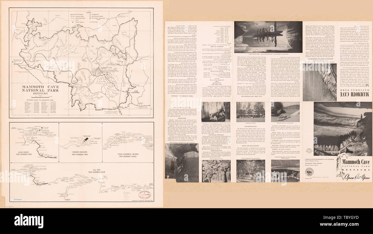 Inglese: Scala ca. 1:64.000. Piegate il titolo: il Parco nazionale di Mammoth Cave, Kentucky : aperto tutto l'anno. Sollievo mostrato da hachures. Parte di NPMC7001. Include chilometraggio grafico per Mammoth Cave. Mappe in margine: Echo River, viaggio numero uno.congelato Niagara, viaggio numero due.Star ChamberMummy, viaggio numero tre.tutto il giorno, viaggio numero quattro. Testo e ill. sul retro. Disponibile anche tramite la Biblioteca del Congresso sito Web come immagine raster. AACR2 il parco nazionale di Mammoth Cave, Kentucky Foto Stock