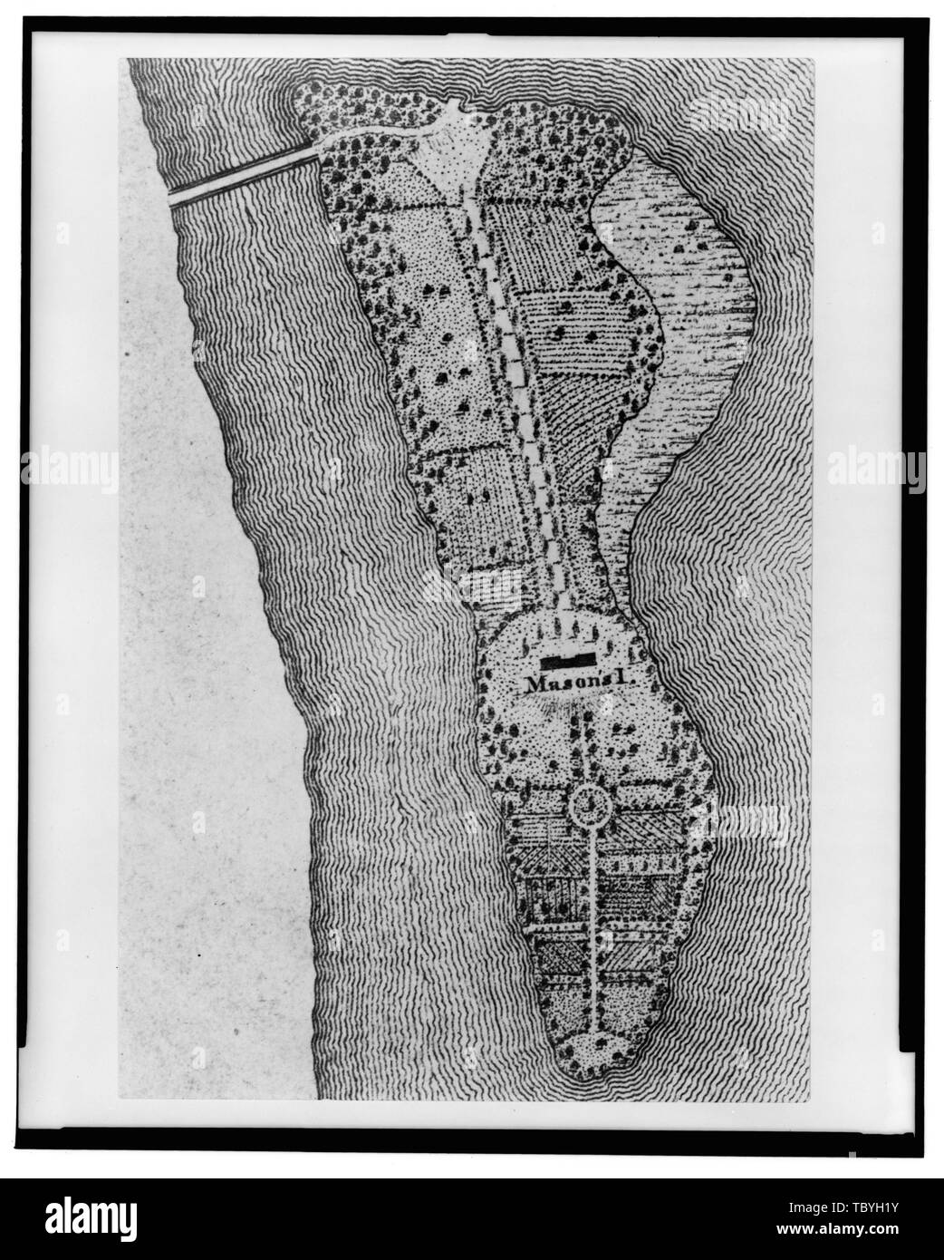 Mappa di Isola Analostan dalla mappa della città di Washington da Robert re piastra n. 1 Il generale John Mason House, Analostan isola o Theodore Roosevelt Island, Washington, Distretto di Columbia, DC Foto Stock