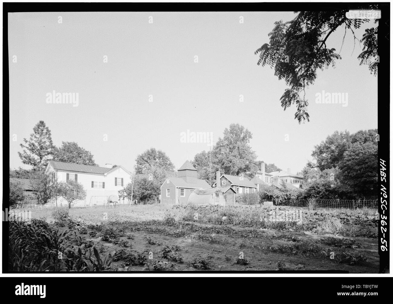 Maggio 1985. Guardando a sud-est nella primavera verso la casa principale e le dipendenze dall'angolo nord-ovest del giardino cucina (negativo leggermente reticolato. Stazione di telecamera è all'incrocio di confine settentrionale allee e northsouth centrale Allee. Le dipendenze da sinistra a destra legnaia, Cook's House, casa di pollo (ora un negozio), tool shed, lavatoio, smokehouse e KitchenStorehouse. Casa principale è sullo sfondo a destra) Borough House, sul lato ovest della Strada Statale Route 261, circa 1 miglio a sud lato di giunzione con il vecchio Garners Ferry Road, Stateburg, Sumter County, SC Cornwallis Greene Cary, Brian, trasmettitore P Foto Stock