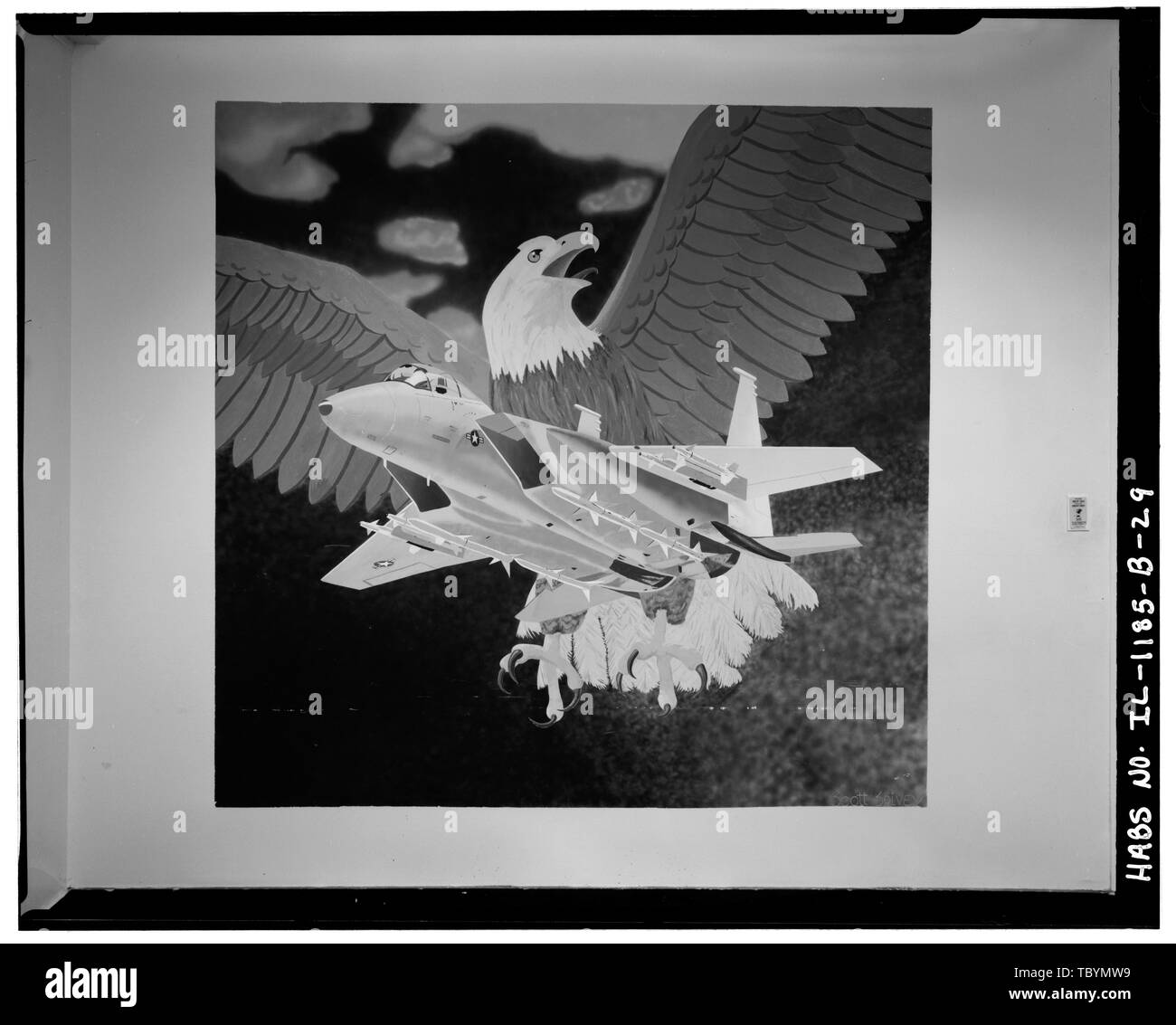 Murale di Brett Spivey sulla parete nord della sala J112. Tipico di molti dipinti murali in tutto l'edificio. Chanute Air Force Base, White Hall, Jolly Green Street, Rantoul, Champaign County, IL Foto Stock