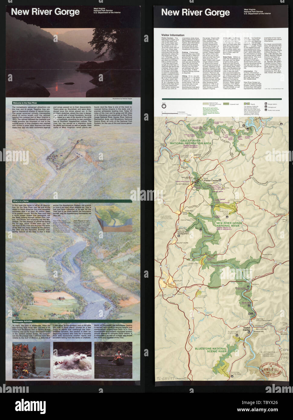 Inglese: copre il nuovo River Gorge National River, il Gauley River National Recreation Area e la Bluestone National Scenic River. Oggetto Criteri di gruppo: 1993:342398/80081. Ristampare 1992. Sollievo mostrato da ombreggiatura. Include il testo. Testo e col. ill. sul retro. Disponibile anche tramite la Biblioteca del Congresso sito Web come immagine raster. New River Gorge, West Virginia Foto Stock