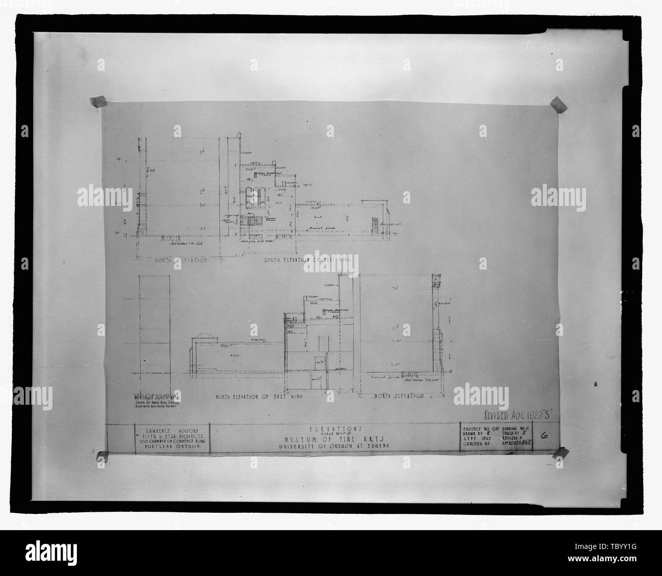 Nord e Sud elevazioni disegno, c. 1927 University of Oregon Museum of Art, 1470 Johnson Lane, Eugene, Lane County, o Foto Stock