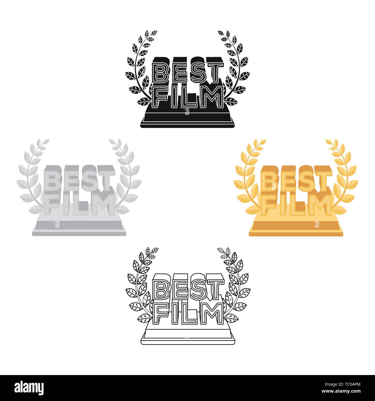 Statua dorata con una ghirlanda e iscrizione.Il premio per il miglior film.Movie awards unica icona in cartoon,nero stile simbolo vettore stock illustrati sul web Illustrazione Vettoriale