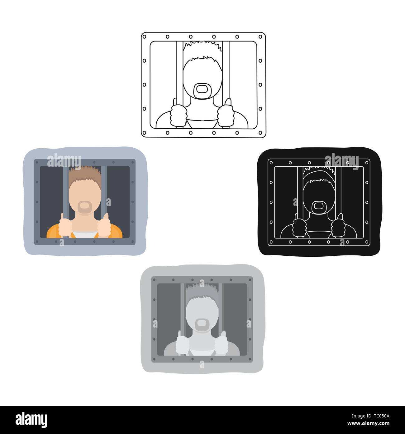 Icona del prigioniero in cartoon,design nero isolato su sfondo bianco. Simbolo di polizia stock illustrazione vettoriale. Illustrazione Vettoriale