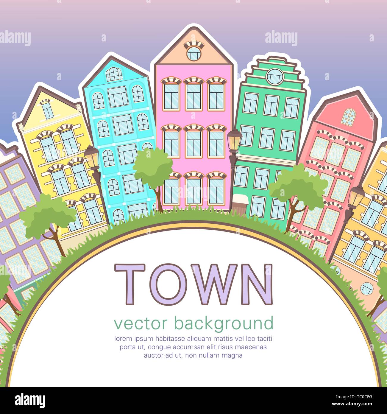 Colorata città sfondo, astratto case stilizzata card, banner, coperchio. Multicolori case Europee in fila, Cielo di tramonto, prato, luci e alberi e sp Illustrazione Vettoriale