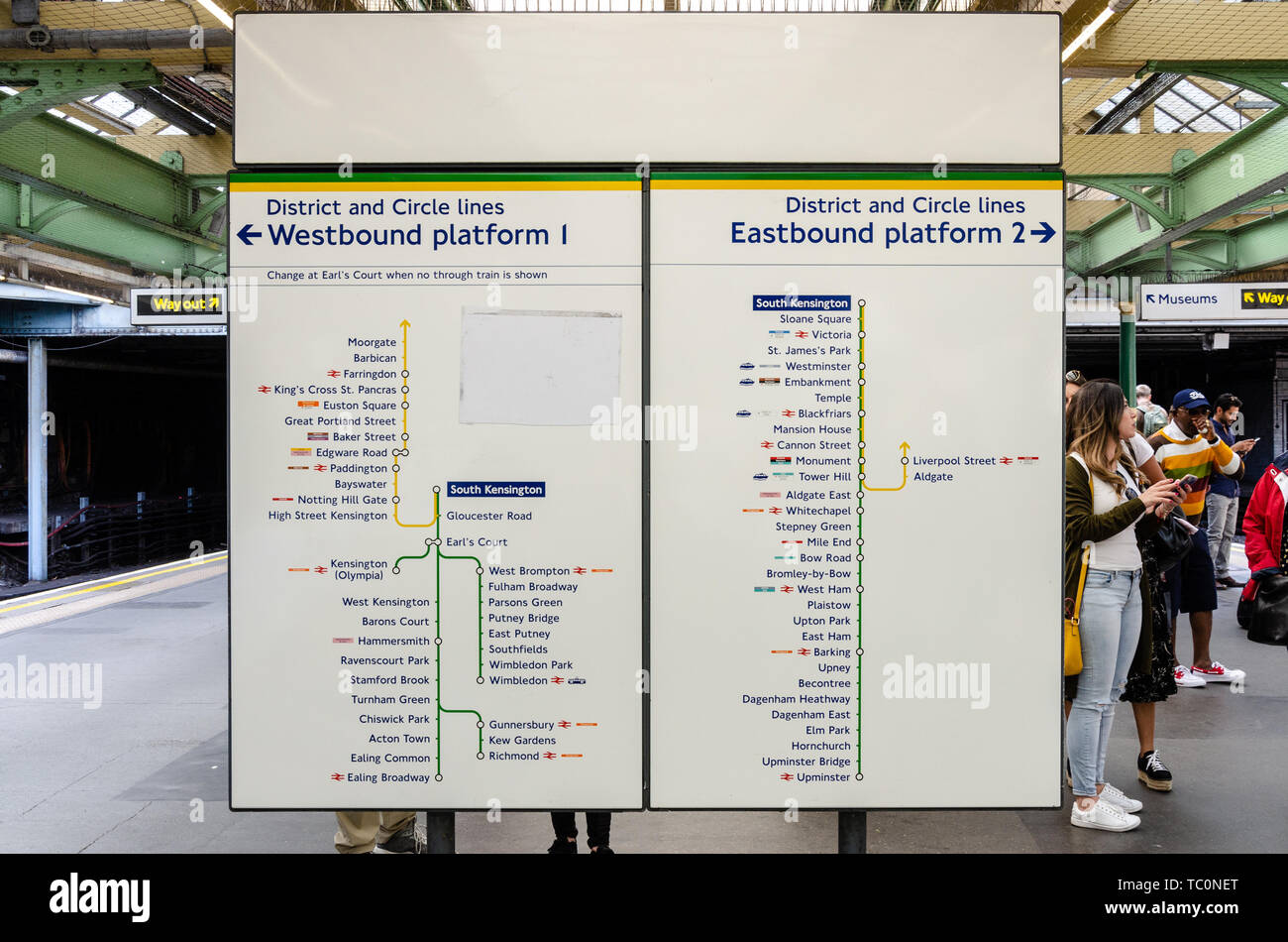Le schede di informazioni sulla piattaforma a South Kensington Stazione della metropolitana di Londra con le mappe dei percorsi per i treni in partenza dalla stazione. Foto Stock