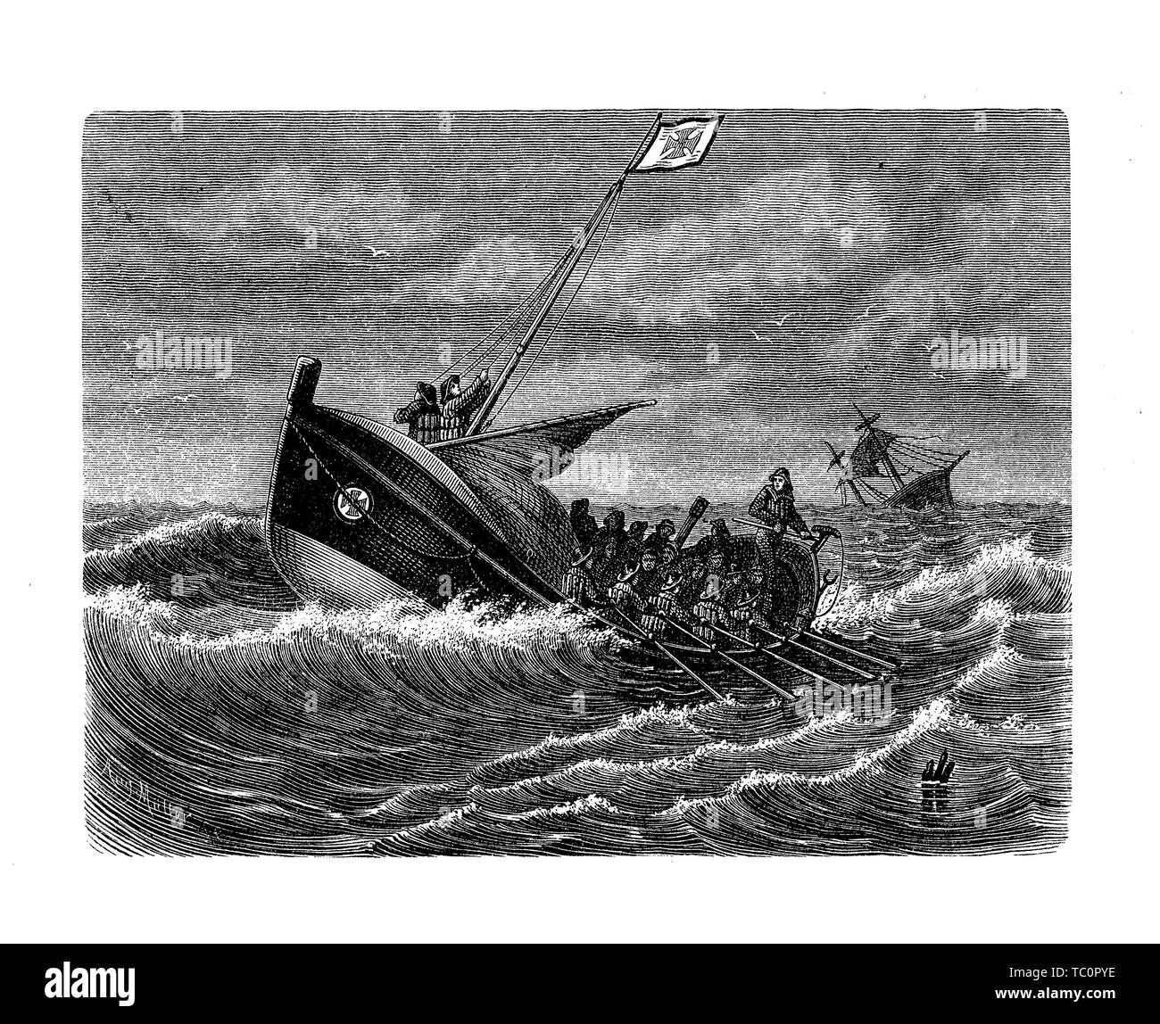 La barca di salvataggio in balia della tempesta con persone barca a remi per la loro vita e la nave affonda all'orizzonte Foto Stock