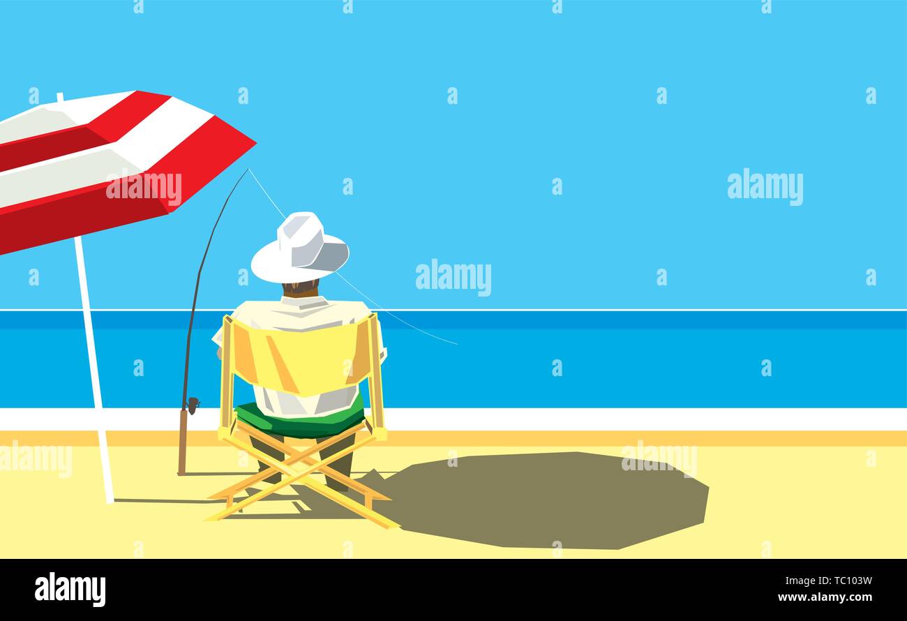 Illustrazione Vettoriale. Uomo di appoggio la pesca tranquillamente sulla spiaggia d'estate. Illustrazione Vettoriale