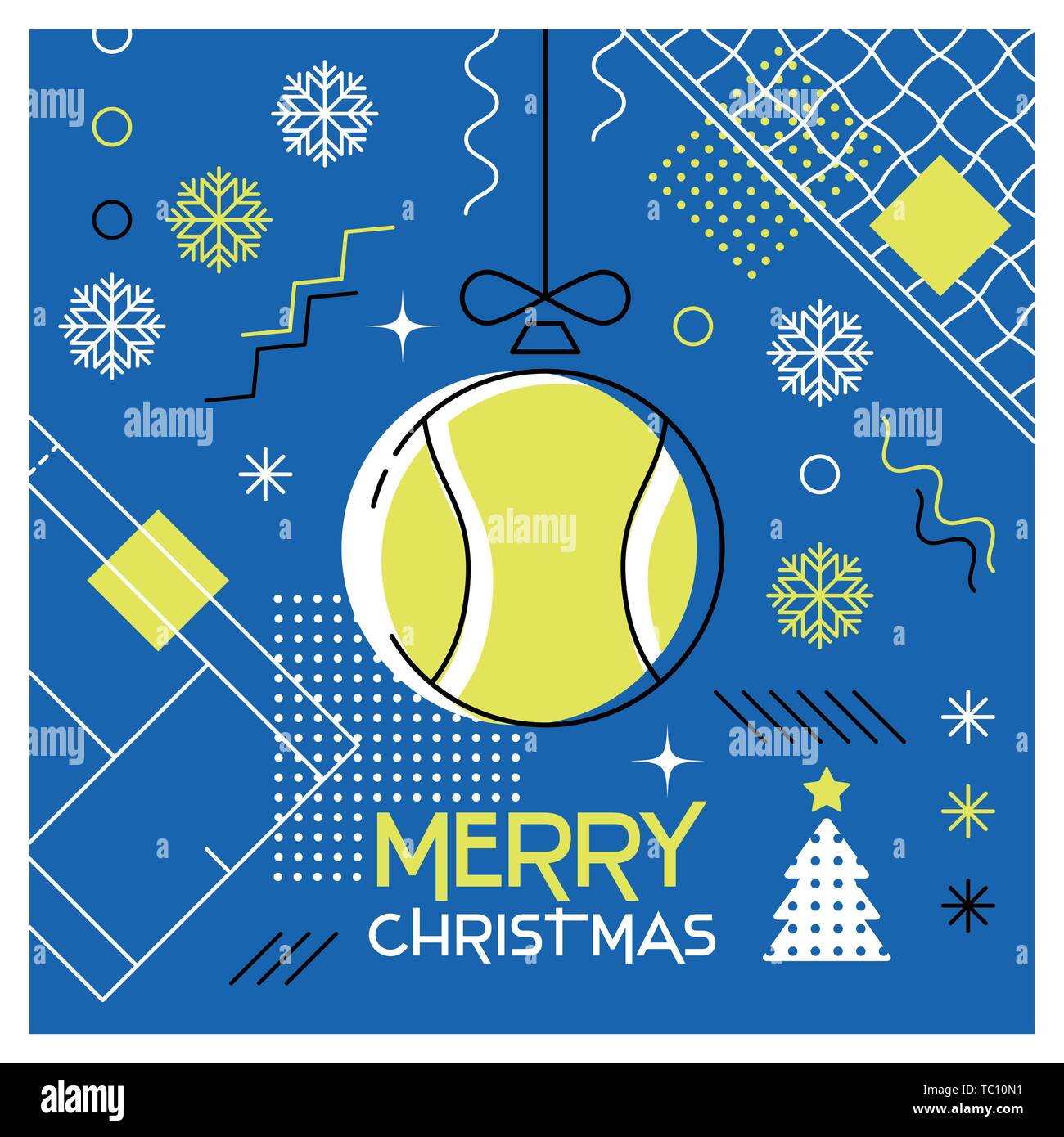 Auguri di Buon Natale. Biglietto di auguri con palla di Natale come una palla da tennis. Abstract design piatto. Illustrazione Vettoriale. Illustrazione Vettoriale
