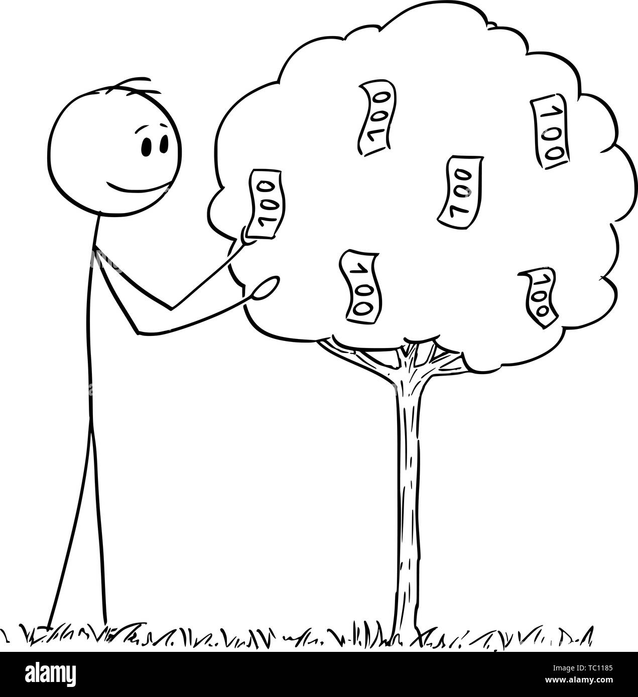 Vector cartoon stick figura disegno illustrazione concettuale dell'uomo o imprenditore il prelievo o la raccolta di fatture, banconote, denaro o contanti cresce sugli alberi da frutta. Illustrazione Vettoriale
