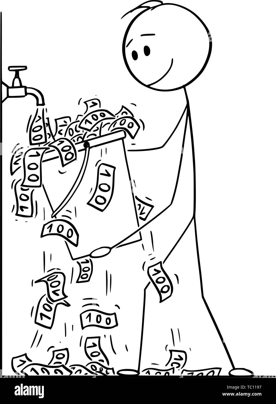 Vector cartoon stick figura disegno illustrazione concettuale dell'uomo o imprenditore ruotando il rubinetto di acqua o toccare e recuperando le bollette cadere nella benna. Illustrazione Vettoriale
