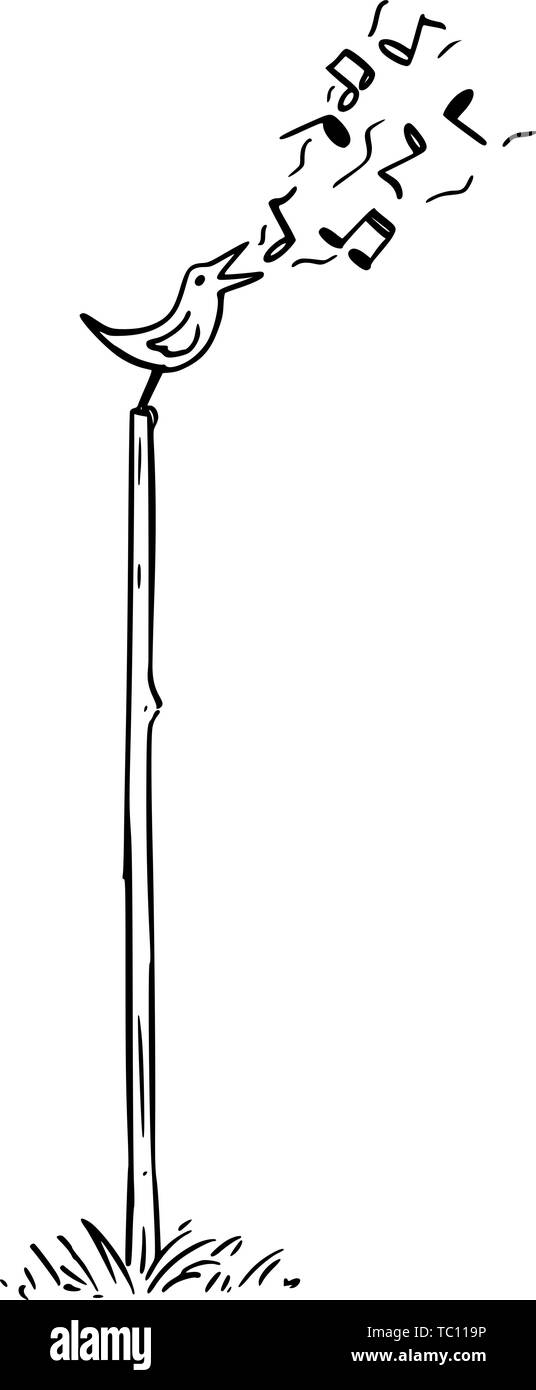 Vector cartoon in bianco e nero o di disegno illustrazione del piccolo uccello seduto e cantare sul palo di legno. Illustrazione Vettoriale