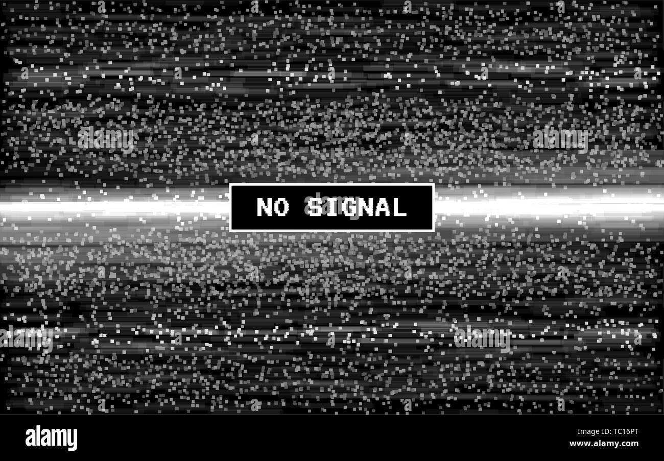 Glitch nessun segnale. Retrò effetto VHS. Pixel il rumore digitale su sfondo nero. Il vecchio modello di video. Linee Glitched rumore. Il nastro vecchio concetto. Vettore Illustrazione Vettoriale