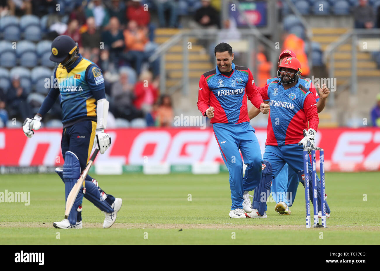 In Afghanistan Mohammad Nabi celebra tenendo il paletto di Sri Lanka di Angelo Mathews durante l'ICC Cricket World Cup group stage corrispondono a Cardiff Galles Stadium. Foto Stock