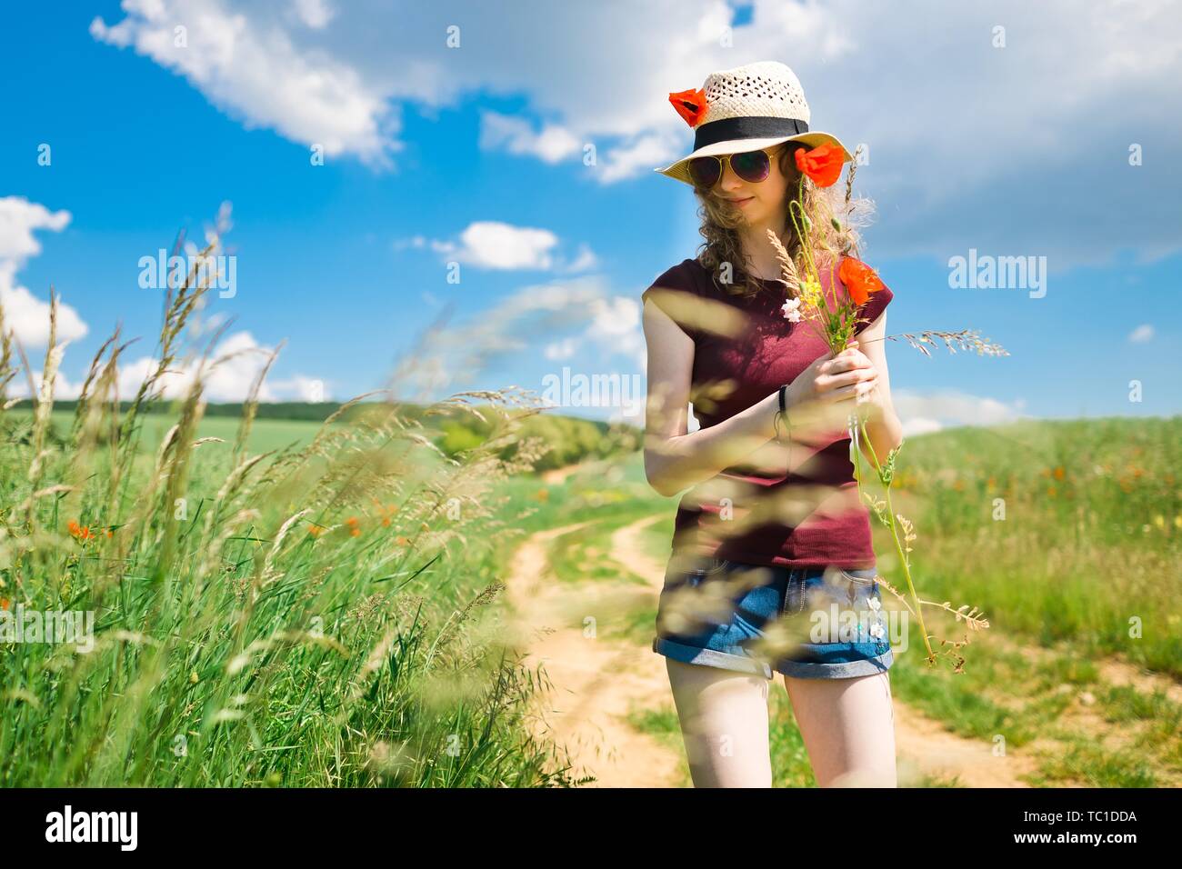 Una giovane ragazza in hat è spiumatura un papavero fiori, scegliere un bouquet di fiori di campo in un prato Foto Stock