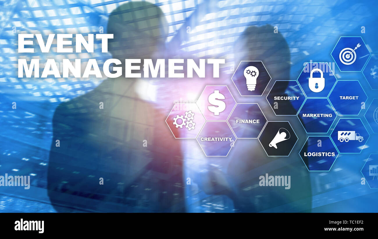 Gestione di eventi del concetto. Gestione di eventi del diagramma di flusso. La gestione degli eventi voci correlate. Mixed media business. Foto Stock