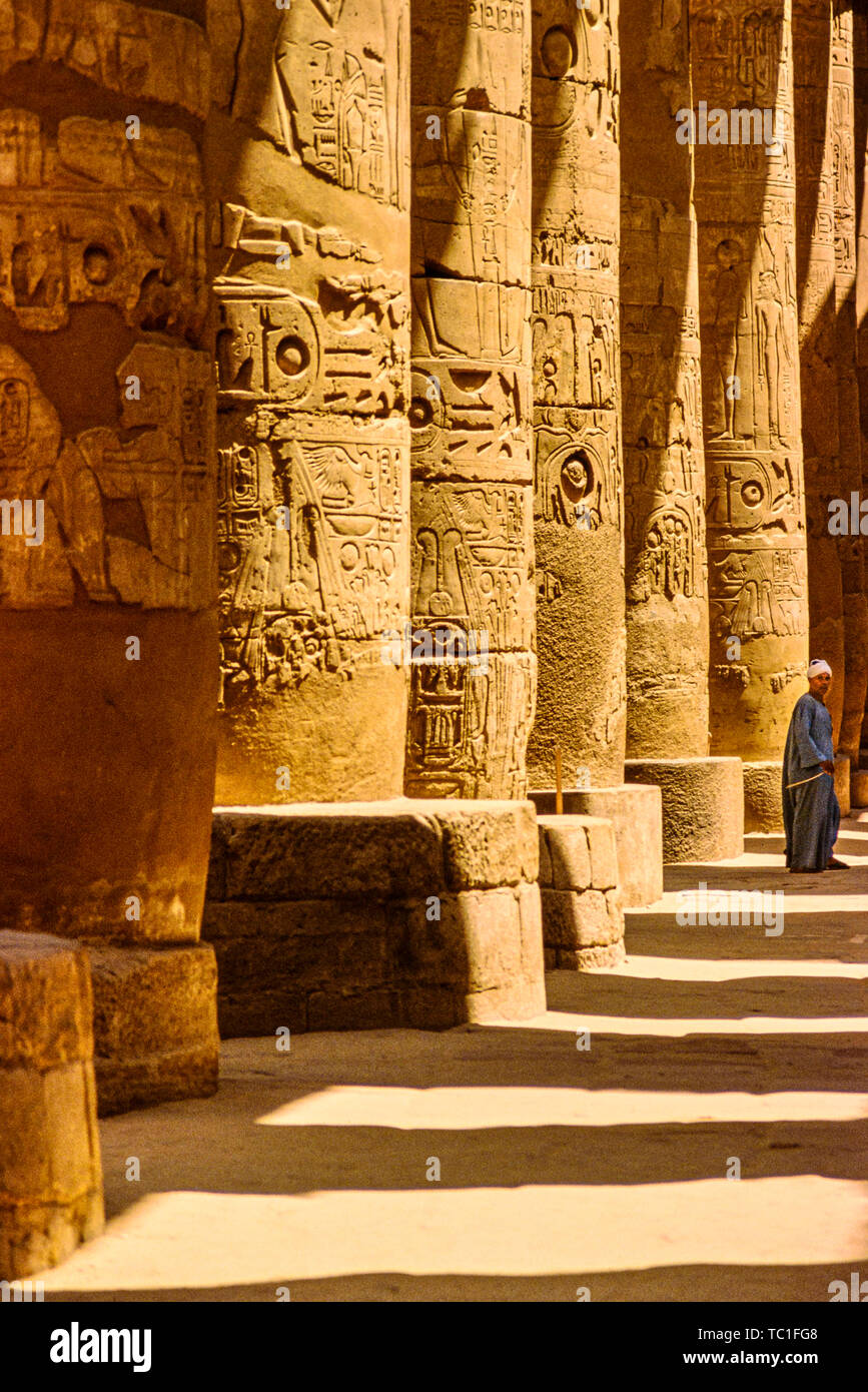 Foto: © Simon Grosset. Tempio di Karnak e Luxor, che mostra le colonne scolpite con disegni a rilievo. Archivio: immagine digitalizzati da un originale di trasparenza. Foto Stock