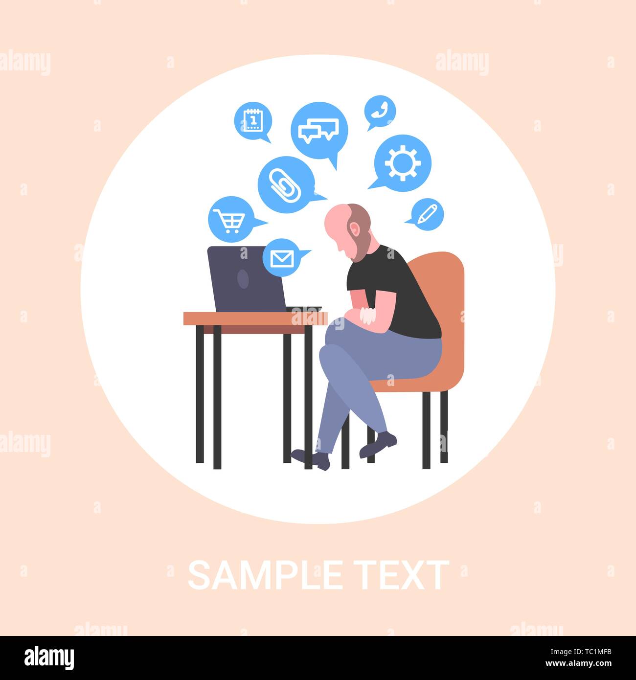 Business uomo seduto workplace imprenditore utilizzando laptop social media network chat online di bolla concetto di comunicazione flat a piena lunghezza Illustrazione Vettoriale