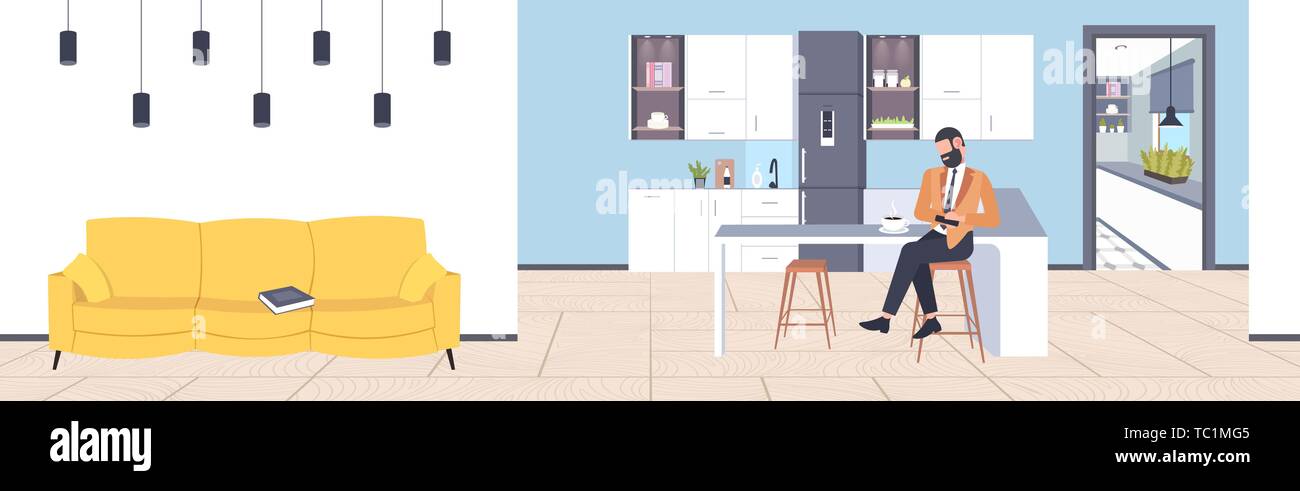Imprenditore seduta a contrastare l'uomo utilizza lo smartphone mobile app concetto di comunicazione moderni caffè punto cucina piana interna piena lunghezza orizzontale Illustrazione Vettoriale