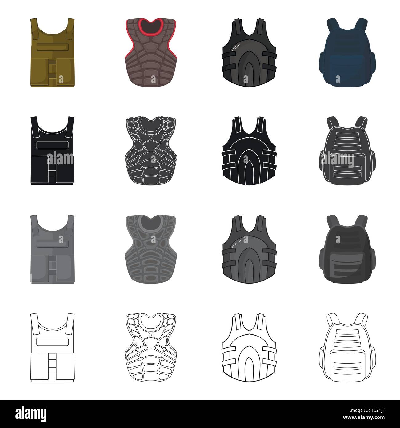 Il design del vettore di Flak Jacket e logo. Raccolta di flak e corpo stock illustrazione vettoriale. Illustrazione Vettoriale