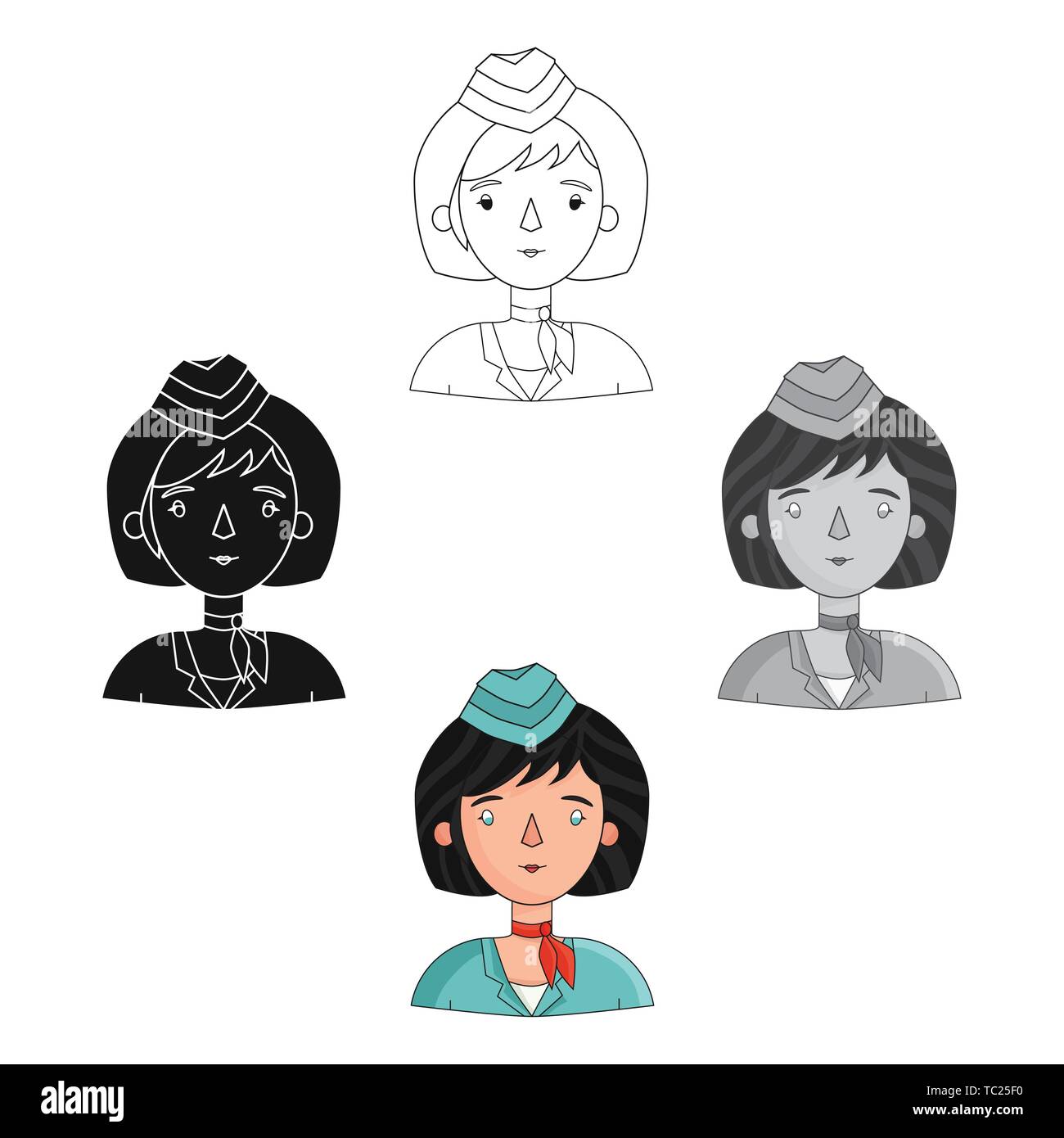 Icona di hostess in cartoon,nero stile isolato su sfondo bianco. Persone di diversa professione simbolo illustrazione vettoriale. Illustrazione Vettoriale