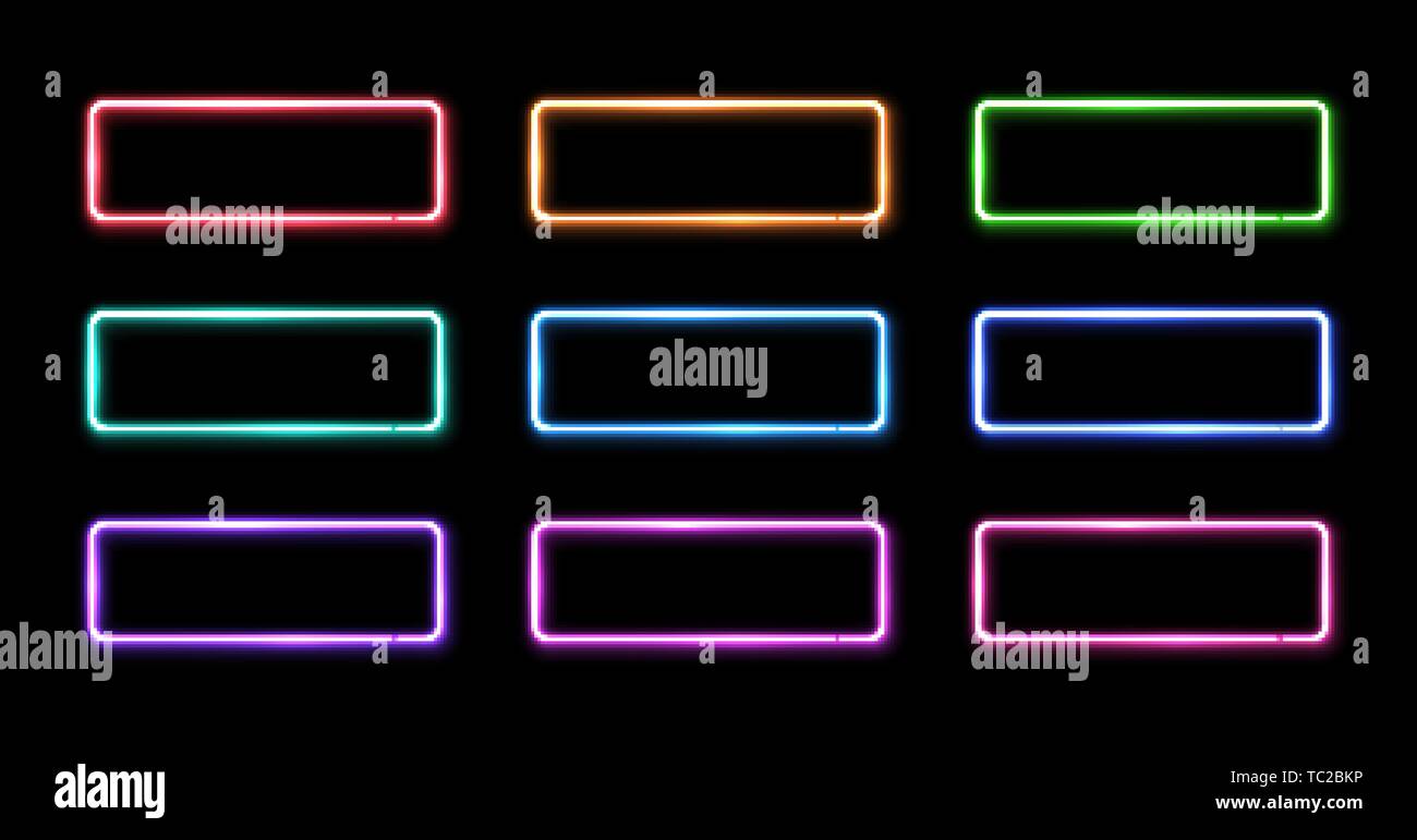 Luci al neon colorate set di frame. Anni ottanta forma quadrata di segni. Illustrazione Vettoriale Luci al neon colorate set di frame. Anni ottanta forma quadrata di segni. Illustrazione Vettoriale
