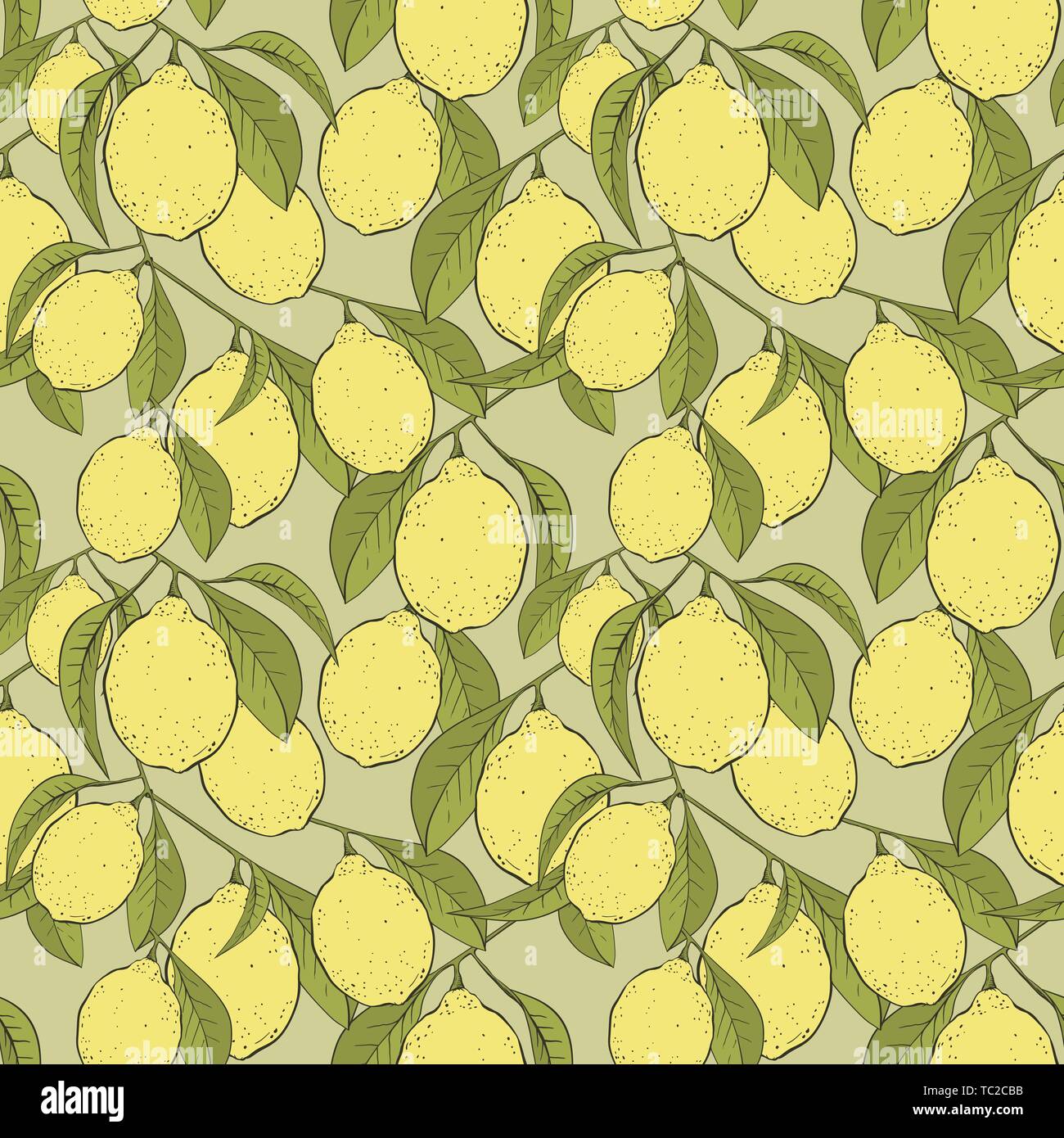 Limoni disegnati a mano modello senza giunture. Giallo agrume sfondo colorato. Limone fresco rami e foglie. Agrumi line art texture. La carta di avvolgimento, tessuto di sfondo tessili Illustrazione Vettoriale