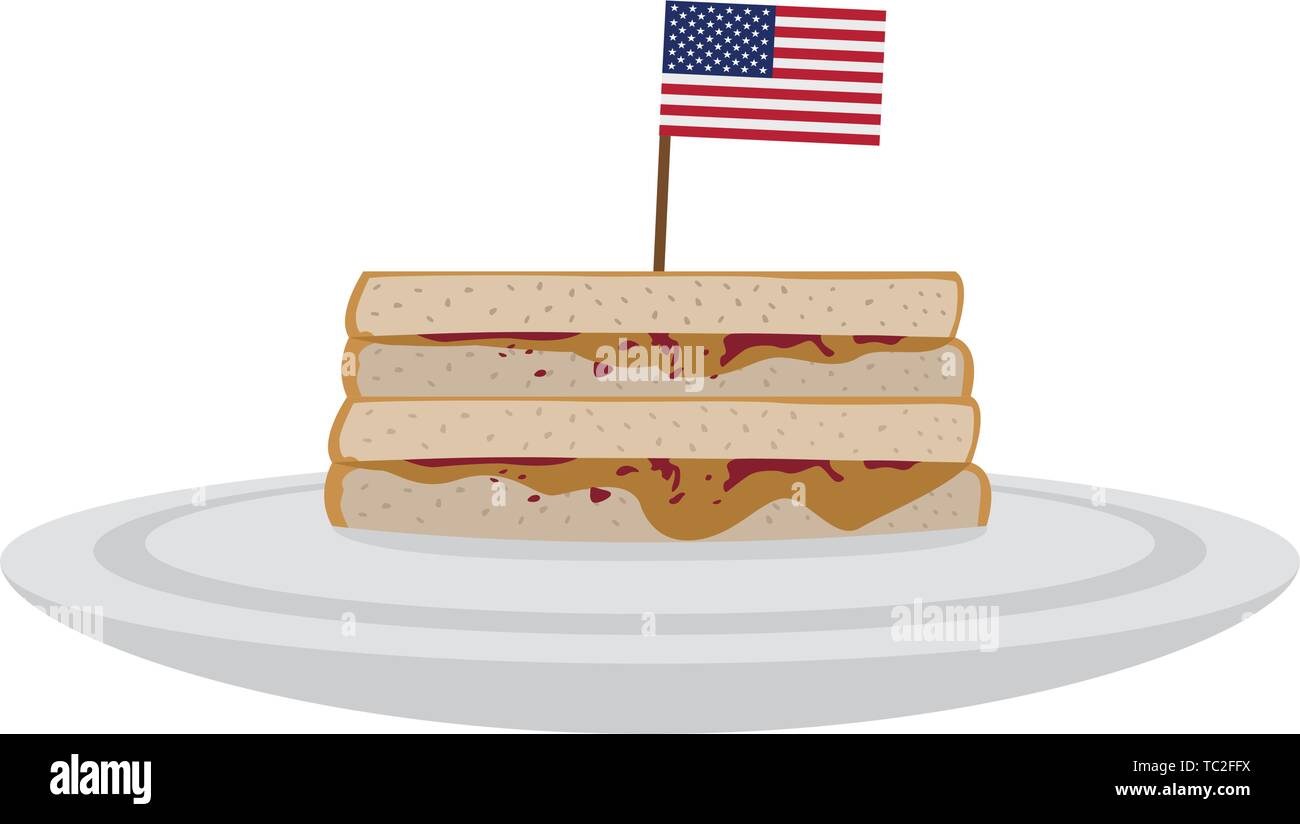 Sandwich al burro di arachidi con la bandiera degli Stati Uniti. American fast food - Vettore Illustrazione Vettoriale
