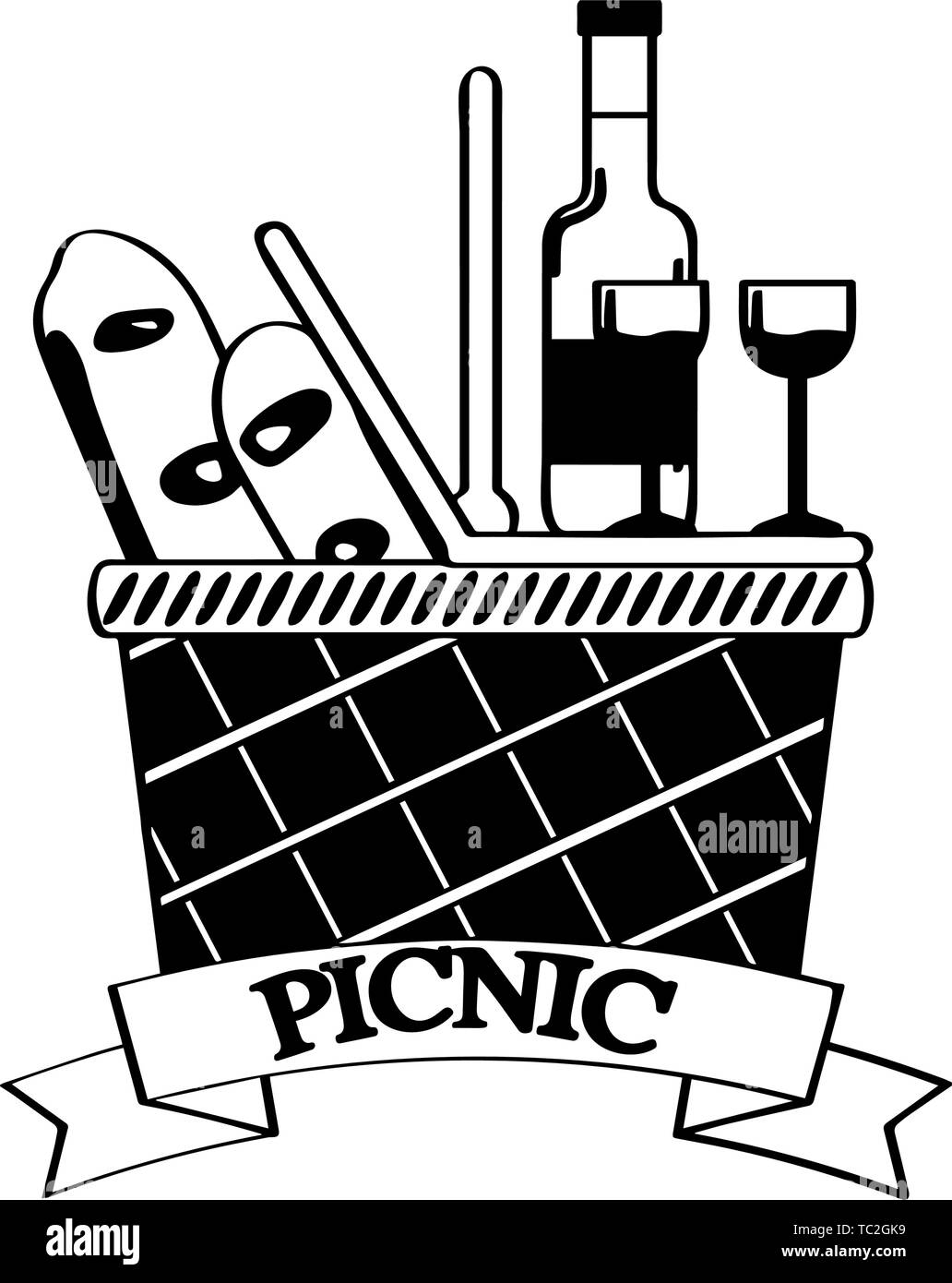 Cesto per pic-nic con il pane e il vino - vettore di contorno Illustrazione Vettoriale