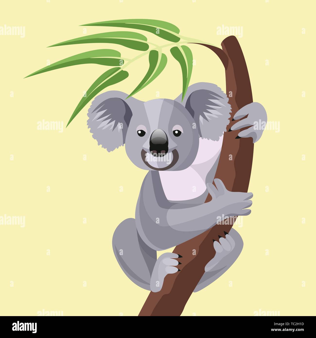 Grey koala bear isolato sul ramo di legno con foglie verdi. Australian marsupiale animale che mangiano solo eucalipto seduto su tropical tronco di albero. Vettore Illustrazione Vettoriale