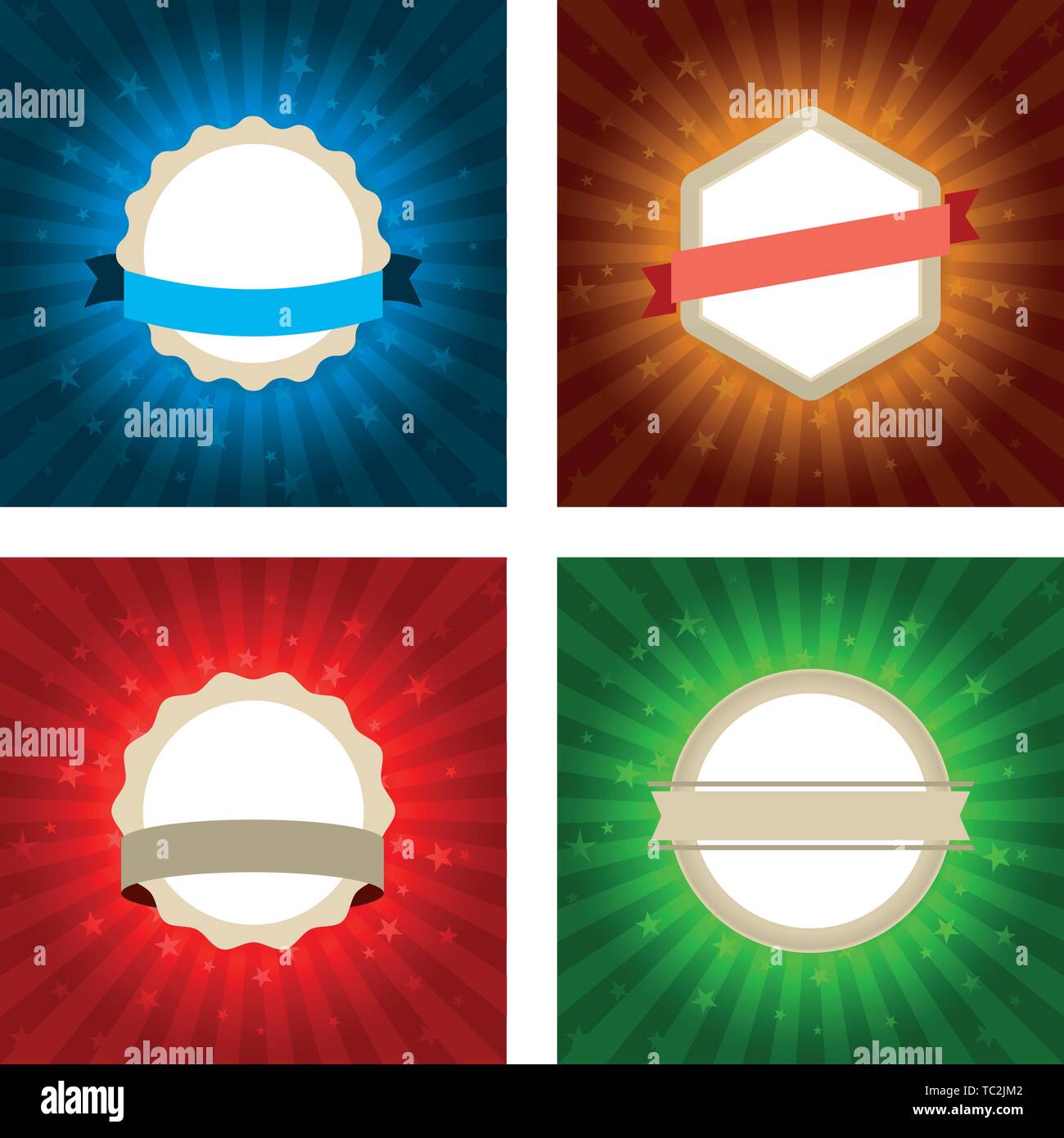 Illustrazione Vettoriale. Quattro shiny badge geometrico con nastri in diversi colori. Illustrazione Vettoriale